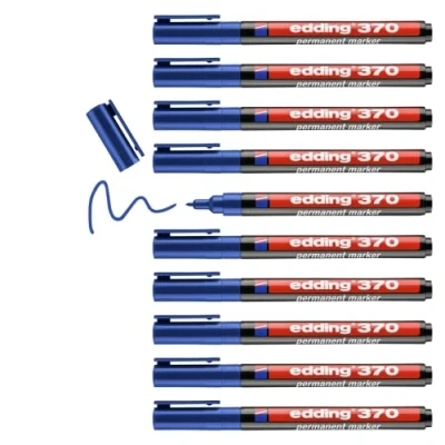 Imagen de edding 370 azul 10 rotuladores punta redondeada fina 1 mm resistente al agua, secado rápido multiuso, universal para cartón, plástico, madera, metal, vidrio, piedra, lienzo