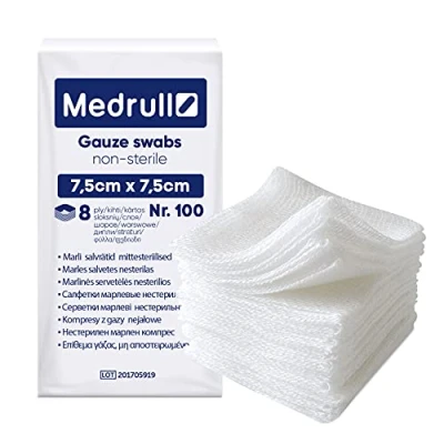 Imagen de Medrull Apósitos no estériles 100% algodón muy suave y absorbente, sin pegar, dolor, calidad médica, 8 capas, 7,5 x cm, paquete de 100 unidades
