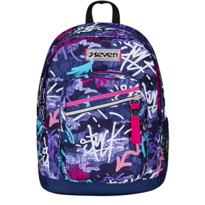 Imagen de Seven mochila doble compartimento New Fit, GraffitiMix, morado, bolsillo porta botella, Maxi capacidad, respaldo preformado, escolar y viaje, niños adolescentes, violeta, Talla única,
