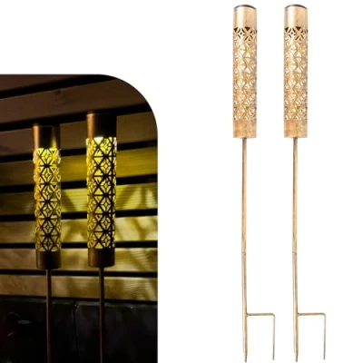 Imagen de Gadgy Antorchas Solares LED con Efecto Llama Set de 2 Luces Jardín Decorativas Metal Iluminación Solar para Exteriores Pequeñas Terraza, Balcón o