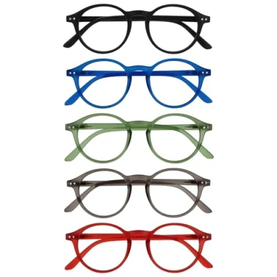 Imagen de OPULIZE REY Gafas de Lectura Pack 5 Montura Redonda Retro Negro, Azul, Verde, Gris, Rojo Hombre Mujer Bisagras Muelle RRRRR56 1367Z +1.50