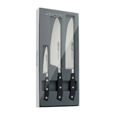 Imagen de Arcos Serie Riviera Juego Cuchillos Cocina 3 piezas (1 Cuchillo Mondador + 1 Santoku de Chef) Hoja Acero Inoxidable Forjado NITRUM Mango Polioximetileno (POM) Color Negro