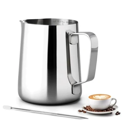 Imagen de Jarra Leche Barista, 350ml Para Espuma, Espuma Mano Acero Inoxidable con Lápiz Decorador Espresso, Espumador Leche, Café