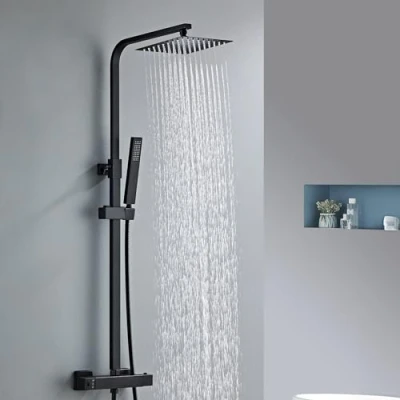 Imagen de Sanitemodar Columna Ducha Termostatica Negra, Sistema de Altura Regulable, con Grifo y Alcachofa