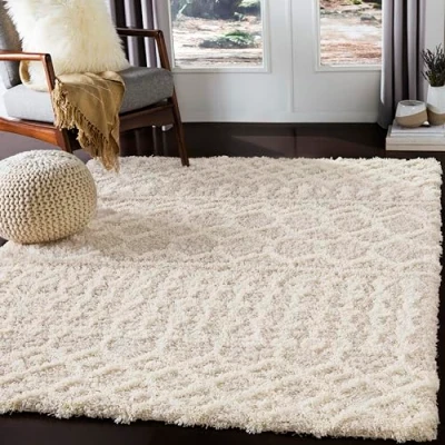 Imagen de Surya Dubai Shaggy Rug Alfombra Salon Grande Habitacion, Dormitorio Pelo Largo Berber Abstracta, Grueso y Esponjoso de 130x170cm, Crema, Beige Claro