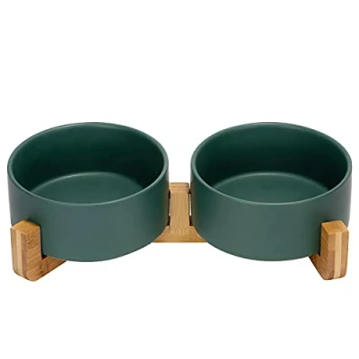 Imagen de SPUNKYJUNKY Set de Cuencos Cerámicos para Mascotas con Soporte Bambú, Ideal Gatos/Perros Pequeños y Medianos, Duradero, Fácil Limpieza, Antideslizante