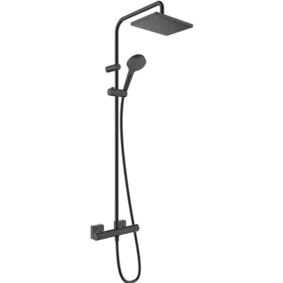 Imagen de hansgrohe Vernis Shape sistema de ducha con termostato, lluvia (230 x 170 mm) grifo, mano (2 tipos chorro), flexo, barra, fija rectangular, negro mate, 26286670