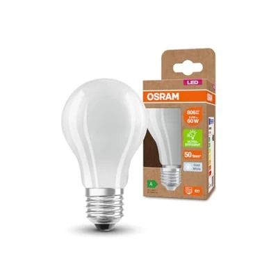 Imagen de OSRAM LED SUPERSTAR+ CLASSIC A GL FR 60 E27, forma de bombilla clásica, blanca, 3,6W, 806lm, 4000K, luz blanca fría, hasta un 60% ahorro energético en comparación con las lámparas estándar