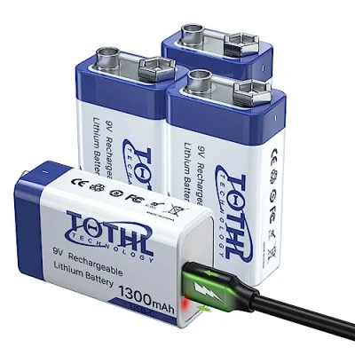 Imagen de TQTHL Baterías recargables de 9 V, batería 1300 mAh, multiusos larga duración, con cable carga USB 2 en 1 (4 piezas), actualización 2022