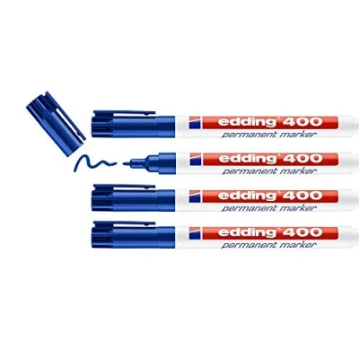 Imagen de edding 400 marcador permanente azul 4 rotuladores punta fina redonda 1 mm resistente al agua, de secado rápido, indelebles para cartón, plástico, madera, metal, vidrio