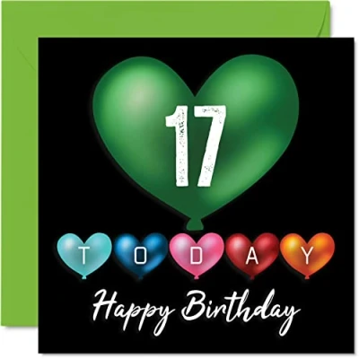 Imagen de Stuff4 Divertidas tarjetas de cumpleaños número 17 para niños y niñas, globos corazón, tarjeta feliz hijo, hija, hermano, hermana, nieto, nieta, sobrino, primo, 145 mm x mm,