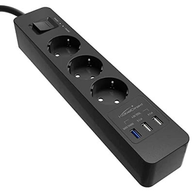 Imagen de KabelDirekt Regleta de enchufes 3x y Enchufe múltiple (USB, Quick Charge 3.0, Cargador rápido, protección contra sobretensión, Certificado por TÜV, Negro)