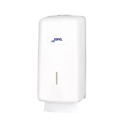 Imagen de Jofel Dispensador de Papel Higienico, 400 Toallitas en Formato Zig Zag, Máxima Higiene Sólo se Toca la Toallia a Usar, Ahorro Papel, Cascasa ABS Resistente, Azur AH7000, Blanco