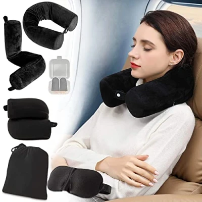 Imagen de EPROICKS Almohada Cervical Viaje, Ajustable Cojin Avion Cuello, Multi Puede Doblarse Viaje con Cremallera para Coche, Tren, Cama, Oficina, Máscara de Ojos, Tapones y Bolsa (Negro)