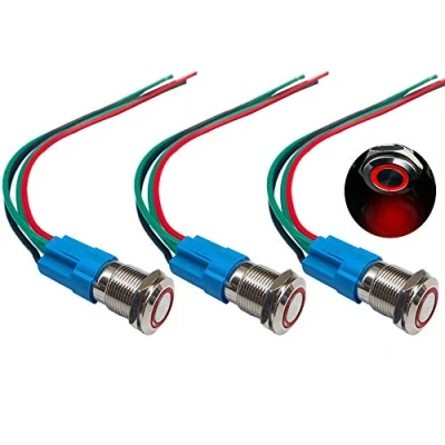 Imagen de QitinDasen 3Pcs Premium 12V / 24V 3A Interruptor de Botón Momentáneo, 12mm Metálico, LED Rojo Pulsador Impermeable IP66 con Enchufe Cable