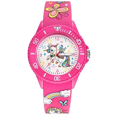 Imagen de Alienwork Unicornio Chica Reloj de Aprendizaje Infantil Niña Rosa Pulsera Silicona Abigarrado niños Impermeable 5 ATM Tiempo Aprender