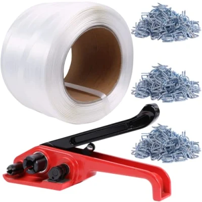 Imagen de U.S. SOLID juego de flejes textiles tejidos HD, 19 mm x 500 m, con tensor cinta y abrazaderas cierre, para palés, 300 unidades hebillas metal
