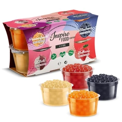 Imagen de INSPIRE FOOD Perlas para Bubble Tea 4 Sabores Fresa, Maracuyá, Arándano, Lichi Popping Boba Veganas, Sin Gluten y Colorantes Artificiales 4x100g