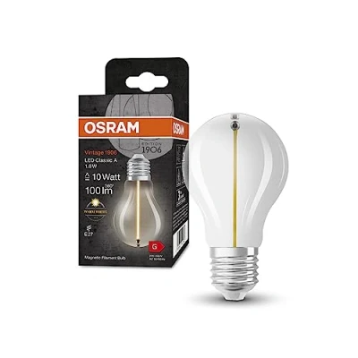 Imagen de OSRAM Lámpara LED Vintage 1906 Classic A FIL, E27, forma de bombilla clásica, transparente, 1,8 W, 100 lm, 2700 K, luz blanca cálida, optimo consumo energía, larga duración, filamento magnético