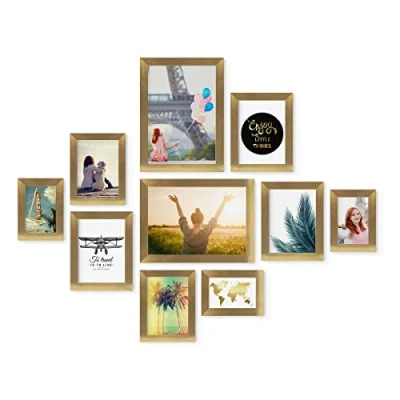 Imagen de PHOTOLINI Set de 10 marcos oro madera MDF, anchos, moderno, cristal acrílico sólido, para colgar y poner pie, accesorios adicionales una decoración elegante su pared