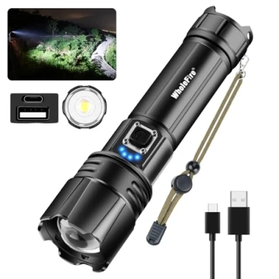 Imagen de 9000 Lúmene Recargable Linterna LED Alta Potencia, XHP70.2 Súper Brillante Potente Linterna, 5 Modos Foco Ajustable IPX6 Impermeable para Uso en el Hogar, Actividades al Aire Libre