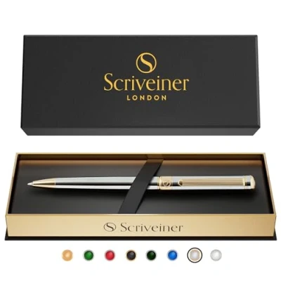 Imagen de Scriveiner Bolígrafo de Gama Alta Color Plata Acabado en Oro 24 Quilates, Recambio Negro Schmidt, Regalos Hombre y Mujer, Bolígrafos Profesionales Diseño