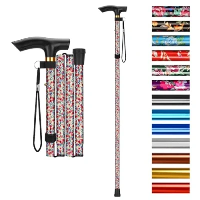 Imagen de supregear Bastón Plegable, 5 Niveles Altura Ajustable Ligero Portátil de Viaje con Pulsera y Mango en T para Hombres Mujeres Discapacidad Edad Avanzada