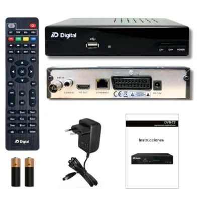 Imagen de TDT HD Receptor Full H265+ 10bit, FTA DM Digital, DVB T2, USB, HDMI, LAN, SCART, USB WiFi Support, Mando a Distancia Universal IR 2en1, Negro, Metal