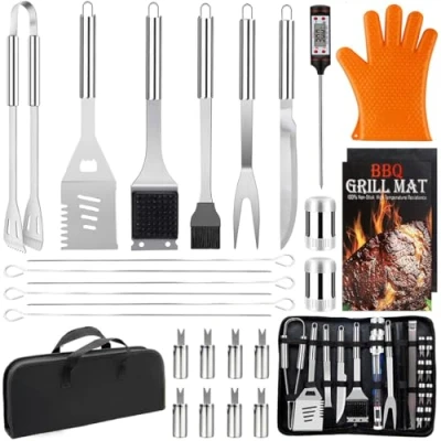 Imagen de Juego de Utensilios Barbacoa Kit Accesorios Barbacoa, Acero Inoxidable,28 Piezas, en Maletín Portátil, para Parrilla Gas y Carbón, Regalos Hombre.