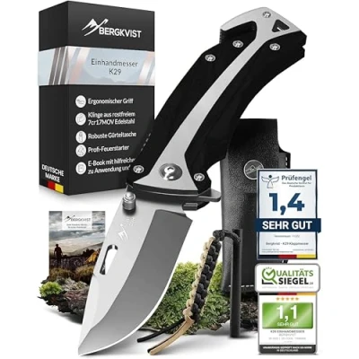 Imagen de BERGKVIST® K29 Cuchillo plegable Navaja de bolsillo 3 en 1 con rompecristales y cortacinturones para exteriores supervivencia Ganadora del premio Bronze A&#039; Design Award 2021 Mango G10 negro