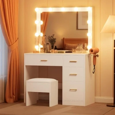 Imagen de YITAHOME tocador con Espejo, Mesa cosmética 4 cajones, Taburete, iluminación, Enchufe, Color Blanco (Mesa de Maquillaje, tocador, vanidad)
