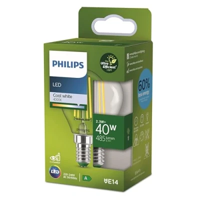 Imagen de Philips Bombilla LED clásica, UltraEfficient,40W, 485Lm, P45, E14 4000K, cristal transparente