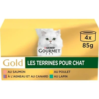 Imagen de GOURMET Gold Les Terrines Gato Masa Conejo, Pollo, Cordero Pato, Salmón 4 x 85 g Lote de 24 Caja