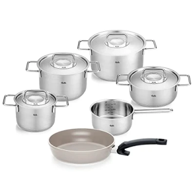 Imagen de Fissler Pure Collection Juego de 6 cacerolas acero inoxidable con tapa metal (3 ollas, 1 cacerola y cacerola, sartén Ceratal Comfort 24 cm, inducción)