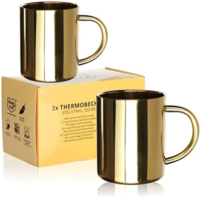 Imagen de Robin Goods® 2X Tazas de Acero Inoxidable 350ml Cada Taza térmica irrompible para Beber Aislante Doble Pared Color Dorado (2 Piezas Dorado)