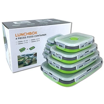 Imagen de Beeptrum Recipiente de silicona plegable con tapa, fiambrera portátil para picnic al aire libre que ahorra espacio, apto microondas, lavavajillas y congelador, juego 4(verde)