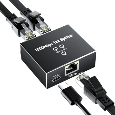 Imagen de GlasFlength Divisor LAN de 1 a 2 1000 Mbps Ethernet, conmutador 4 Puertos con Cable alimentación Tipo C Gigabit Ethernet Switch para Ordenador hubs Switches Router