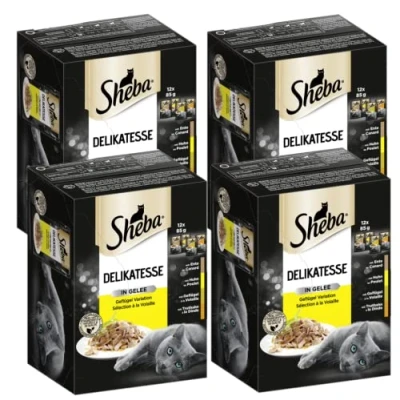 Imagen de Sheba Comida húmeda para Gatos delicadeza en gelatina, 48 Bolsas de porciones, 12 x 85 g (4 Unidades) húmeda, variación Aves Corral con Pato, Pollo, y Pavo