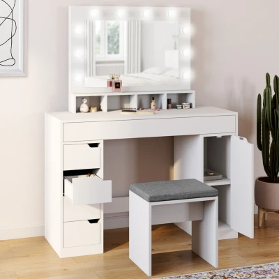 Imagen de ZELIA tocador blanco con espejo LED, 4 nichos, 5 cajones, 1 mueble de almacenamiento y taburete tapizado
