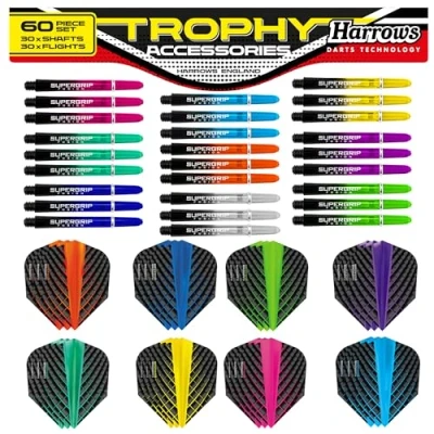 Imagen de Harrows Trophy Juego de 60 varillas dardos y plumas alto rendimiento, paquete ejes Supergrip Quantum