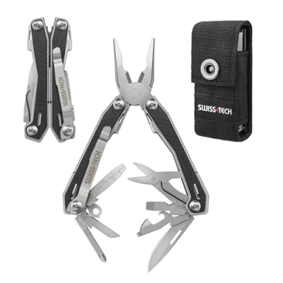 Imagen de Swiss+Tech Alicates Multifunción, 16 en 1 Multiusos, Herramienta Multifuncional Plegable de Acero Inoxidable con Mango G10, Funcion Sierras Lima para Camping