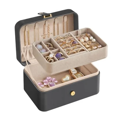 Imagen de SONGMICS Caja Joyero de Viaje, Joyas Pequeña, 2 Niveles, Portátil, para Accesorios Grandes, 11 x 16 8 cm, Idea Regalo, Gris Pizarra JBC166G01