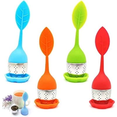 Imagen de 4 piezas de infusor té acero inoxidable y silicona colador con tapa platillo Bola Filtro fino para los amantes del (color aleatorio)