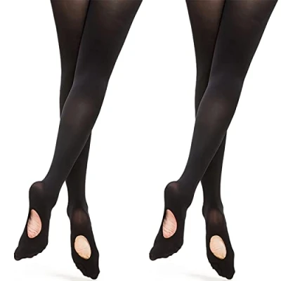Imagen de DANCEYOU 2 Pares Medias Ballet Danza para Niñas y Mujer Estribo/Sin Pie/Convertible Negro Opaco 70 Den, L