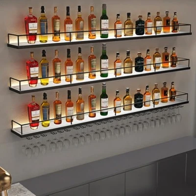 Imagen de Botellero industrial montado en la pared，botellero pared metal Con soporte para copa de vino，estilo mueble botellero，portavasos vino，Salón, bar, cocina, restaurante(Black,Hook 150cm/59