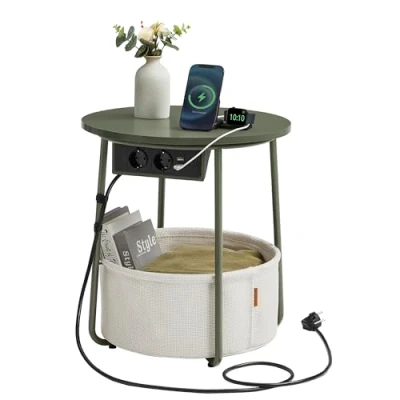 Imagen de VASAGLE Mesa Auxiliar, Lateral Redonda con Tomas de Corriente, Cesta Tela, Espaciosa, para Salón, Dormitorio, Mesita Noche, Estilo Moderno, Verde Bosque y Blanco Crema LET228C05