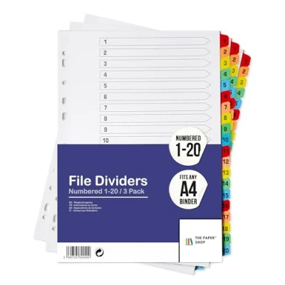 Imagen de [Paquete de 3] separadores Archivador A4, 20 Posiciones numeradas 1 20, materias A4 con pestañas color multiperforadas 150gsm