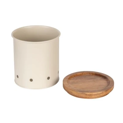 Imagen de WENKO Aria Bote de Metal con Tapa Madera Acacia (1,6 L, Permeable al Aire, diámetro 13,5 x 15 cm), Color Beige