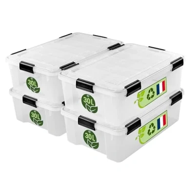 Imagen de Iris Ohyama, Caja de Almacenamiento Hermética Plástica, 30L, Lote 4, Transparente, Tapa, Junta Impermeable, Clips Cierre, Apilable, para Exterior, Garaje, Ropa, Antipolvo, WSB 30