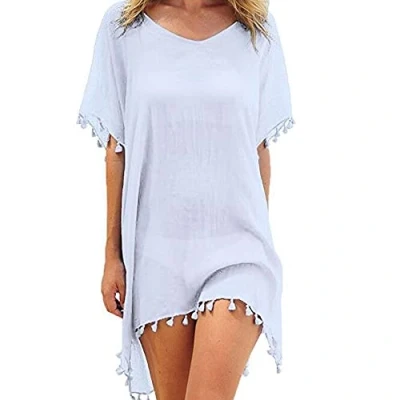 Imagen de Mujer Suelto Vestido de Playa V Cuello Gasa Camisolas y Pareos con Borla Ropa Baño Transparente Bikini Cover Up (Blanco) 32 36 / B